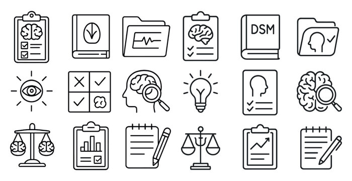 Set of icons for various office supplies and documents. The icons include a clipboard, a book, a pencil, a pen, a ruler, a calculator, a brain, a check mark, a check box, a check mark
