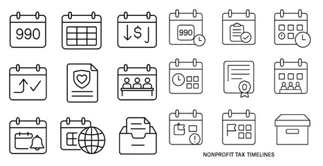 Poster - Set of white and black icons for nonprofit tax timelines. The icons include a calendar, a check, a heart, a box, a globe, a clock, and a box with a box inside