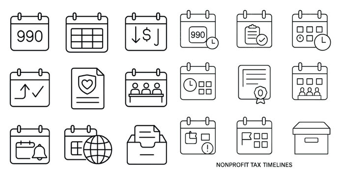 Set of white and black icons for nonprofit tax timelines. The icons include a calendar, a check, a heart, a box, a globe, a clock, and a box with a box inside