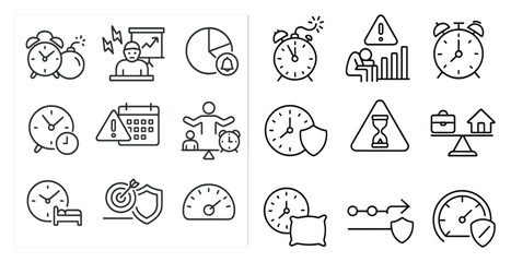 Poster - Set of clocks with different designs and sizes. The clocks are arranged in a grid, with some of them being larger than others. Scene is one of organization and time management