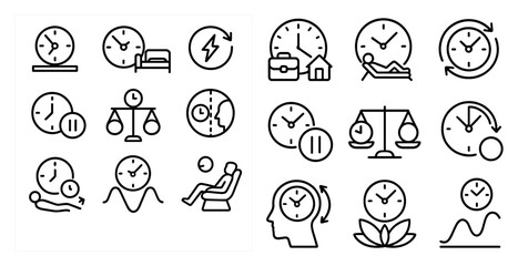 Poster - Set of black and white icons that represent different times of the day. The icons include a clock, a chair, a bed, a person, and a person with a book. The icons are arranged in a grid