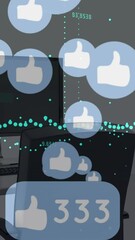 Poster - Animation of changing numbers and thumbs up icons, graphs, chair, desktop against white background
