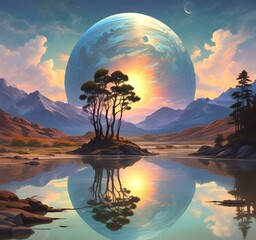 Wall Mural - Illustration of amazing landscape with outer planet on sky.