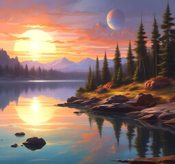 Wall Mural - Illustration of amazing landscape with outer planet on sky.