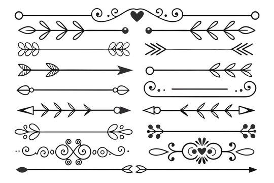 Elegant Swirl and Arrow Borders Featuring Floral Motifs in Hand-Drawn Black Vector. Vintage Ornamental Dividers for Layout Projects and Invitations.

