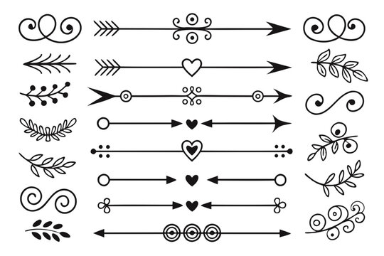 Ornamental Divider Set with Curved Arrows and Swirls in Elegant Hand-Drawn Black Vector Featuring Floral Accents for Layout Templates and Posters.

