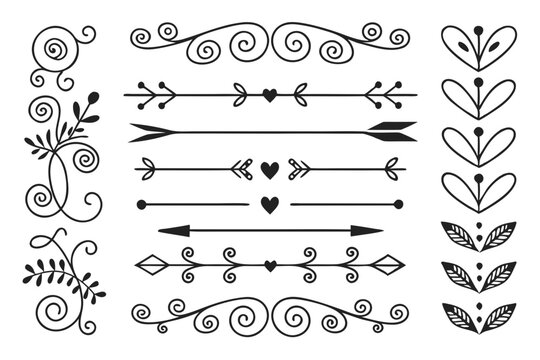 Hand-Drawn Elegant Borders Featuring Arrows, Swirls, and Floral Motifs in Black Vector. Ornamental Dividers for Layout Projects and Wedding Invitations.

