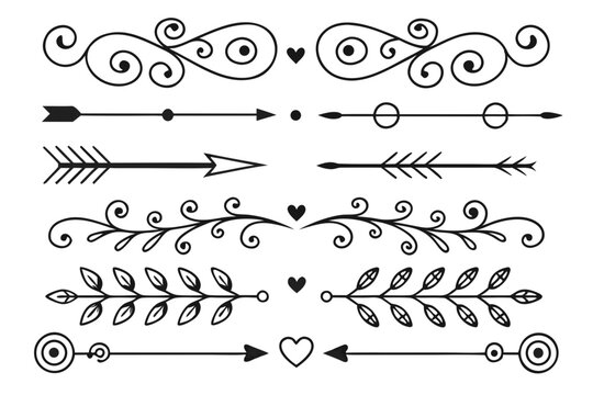 Hand-Drawn Ornamental Divider Elements Featuring Arrows, Swirls, and Floral Motifs in Elegant Black Vector. Vintage Decorative Borders for Creative Layouts.

