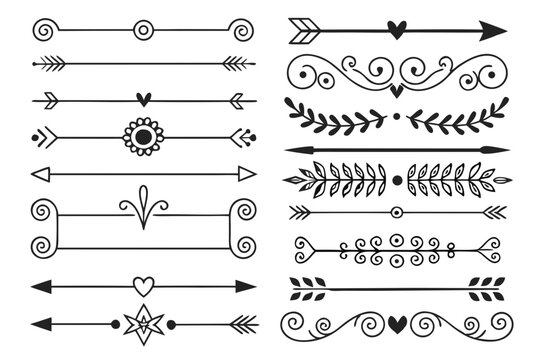 Ornamental Arrow and Swirl Dividers with Floral Accents in Hand-Drawn Elegant Black Vector. Decorative Border Collection for Invitations and Layout Projects.


