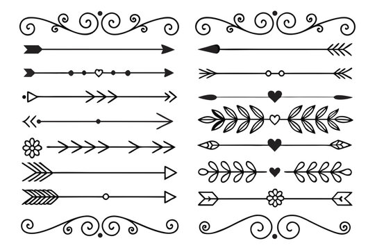 Elegant Hand-Drawn Dividers in Black Vector Featuring Curved Arrows, Vintage Swirls, and Floral Borders. Ornamental Line Art for Layout Templates and Posters.

