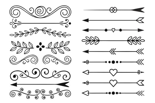 Black Vector Decorative Border Set Featuring Hand-Drawn Arrows, Swirls, and Floral Accents. Elegant Dividers for Invitations, Posters, and Wedding Layouts.

