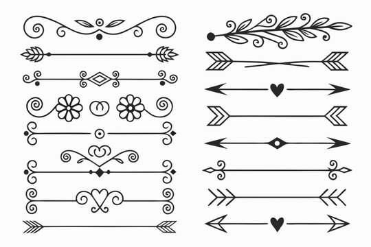 Elegant Decorative Borders with Curved Arrows and Floral Motifs in Hand-Drawn Black Vector. Vintage Line Art for Posters, Layouts, and Invitations.

