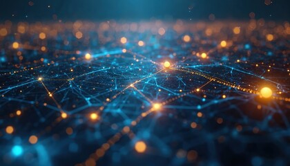 Poster - Abstract glowing network connections. Lines, nodes form complex grid, data flow, digital infrastructure. Blue, yellow colors. AI, cyberspace, communication system, future technology design.