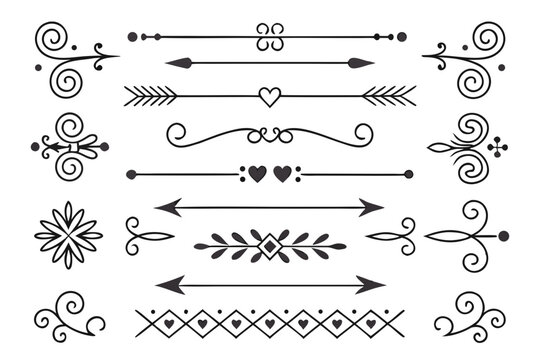 Ornamental Swirl and Arrow Dividers Featuring Floral Accents in Elegant Hand-Drawn Black Vector. Vintage Borders for Creative Layouts and Invitations.

