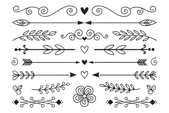Decorative Divider Set in Hand-Drawn Black Vector Featuring Curved Arrows, Floral Swirls, and Ornamental Accents for Layout Templates and Invitations.

