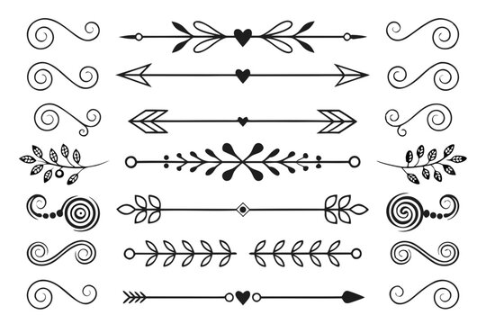 Elegant Hand-Drawn Arrows and Swirls in Black Vector Featuring Floral Borders. Ornamental Decorative Dividers for Wedding Layouts and Design Templates.

