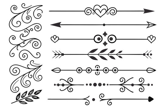 Elegant Floral Arrow and Swirl Divider Elements in Hand-Drawn Black Vector. Vintage Decorative Borders for Layout Projects, Posters, and Wedding Cards.

