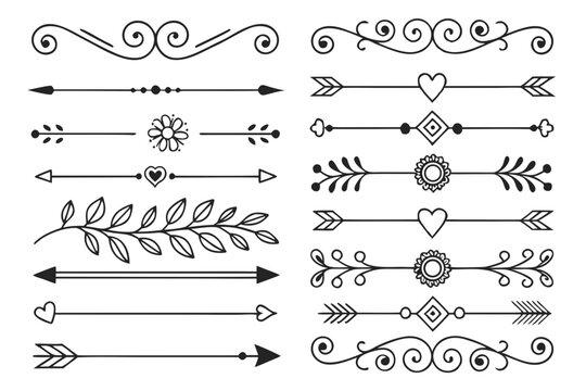 Decorative Arrow and Swirl Borders in Hand-Drawn Black Vector Featuring Elegant Floral Accents. Vintage Dividers for Layout Templates and Creative Posters.


