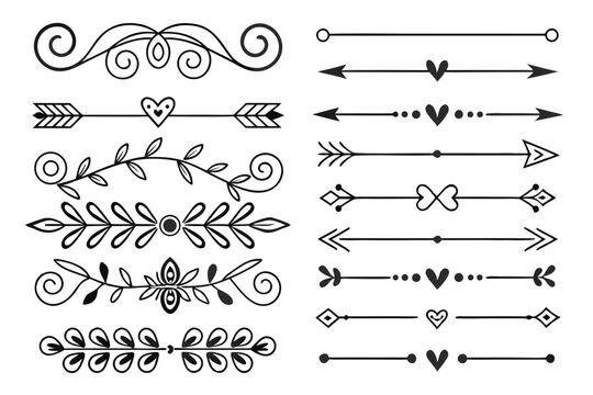 Ornamental Arrow and Swirl Dividers in Hand-Drawn Black Vector Featuring Floral Motifs and Vintage Curves. Elegant Borders for Posters and Layout Templates.

