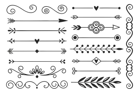 Ornamental Divider Set with Curved Arrows and Swirls in Elegant Hand-Drawn Black Vector Featuring Floral Accents for Layout Templates and Posters.


