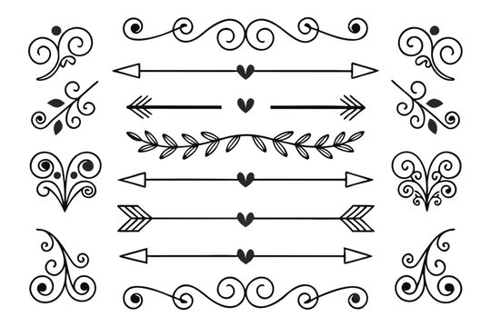 Elegant Swirl and Arrow Divider Set in Hand-Drawn Black Vector Featuring Floral Motifs and Curved Ornaments. Vintage Borders for Layout Templates and Invitations.

