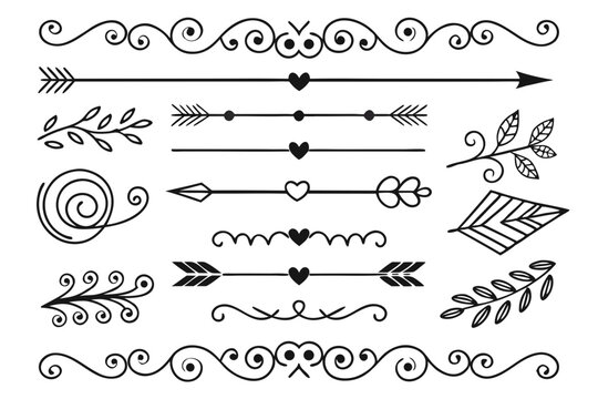 Ornamental Black Vector Dividers with Hand-Drawn Arrows, Swirls, and Floral Accents. Elegant Vintage Line Art for Creative Layouts, Invitations, and Wedding Designs.

