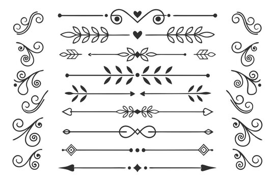 Black Vector Decorative Border Collection Featuring Hand-Drawn Arrows, Swirls, and Floral Accents. Elegant Dividers for Invitations and Poster Templates.

