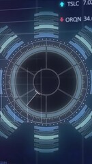 Poster - Animation of round scanner over statistical and stock market data processing on purple background