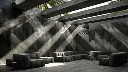 Poster - Contemporary lounge interior with geometric design and shadow play creating a unique ambiance