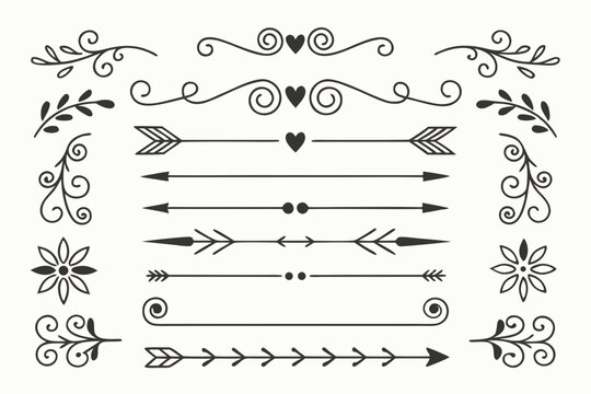 Ornamental Swirl and Arrow Borders with Floral Accents in Hand-Drawn Elegant Black Vector. Vintage Dividers for Invitations and Layout Projects.

