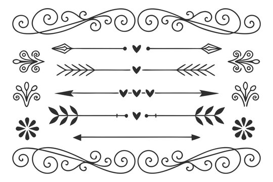 Ornamental Divider Elements in Elegant Hand-Drawn Black Vector Featuring Arrows, Curves, and Floral Borders. Vintage Line Art for Posters and Layouts.

