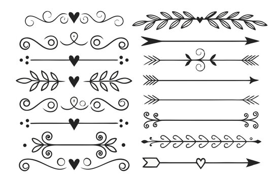 Hand-Drawn Floral Arrows and Swirls in Elegant Black Vector Divider Set. Ornamental Curved Borders for Layout Design, Posters, and Wedding Invitations.

