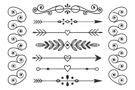 Ornamental Arrow and Floral Divider Set in Elegant Black Vector Featuring Curved Swirls and Hand-Drawn Borders for Layout Templates and Wedding Cards.

