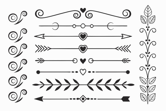 Ornamental Black Vector Dividers with Hand-Drawn Arrows, Floral Swirls, and Decorative Borders. Elegant Line Art for Layout Projects and Wedding Invitations.

