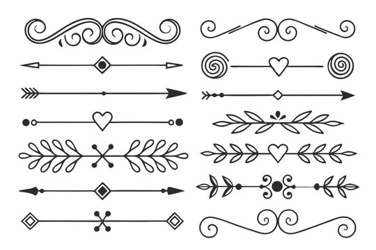 Elegant Decorative Borders in Hand-Drawn Black Vector Featuring Arrows, Swirls, and Floral Motifs. Vintage Dividers for Layout Projects and Poster Designs.


