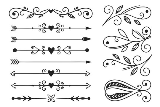 Ornamental Divider Borders in Elegant Hand-Drawn Black Vector Featuring Arrows, Curved Lines, and Floral Swirls for Invitations and Graphic Design Layouts.


