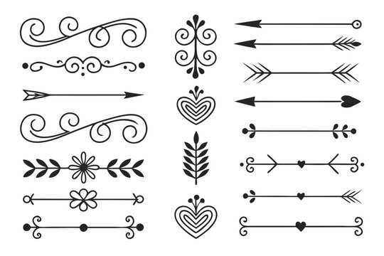 Elegant Hand-Drawn Swirl and Arrow Divider Set in Black Vector Featuring Floral Accents. Vintage Decorative Borders for Posters, Layouts, and Invitations.

