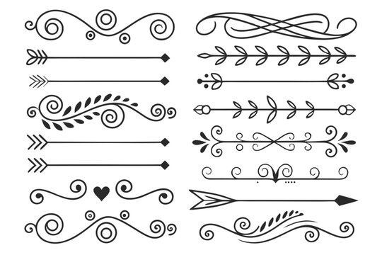 Elegant Arrow and Swirl Border Set in Hand-Drawn Black Vector Featuring Floral Motifs. Vintage Decorative Dividers for Layouts and Wedding Design Projects.

