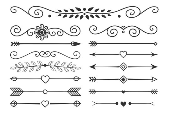 Hand-Drawn Ornamental Dividers with Curved Arrows and Floral Borders in Elegant Black Vector. Decorative Swirl Line Art for Posters and Invitations.

