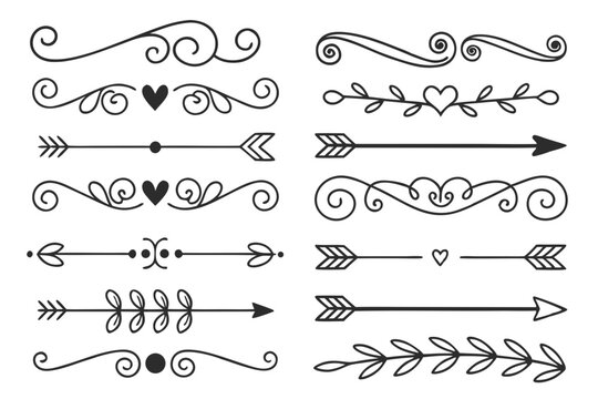 Decorative Divider Set Featuring Arrows, Swirls, and Floral Accents in Hand-Drawn Black Vector. Elegant Vintage Line Art for Invitations and Layout Projects.

