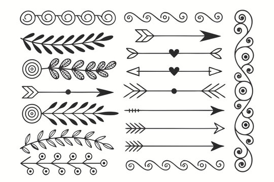 Hand-Drawn Ornamental Borders Featuring Arrows, Swirls, and Elegant Floral Accents in Black Vector. Vintage Dividers for Posters and Layout Projects.

