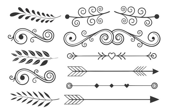 Ornamental Dividers in Elegant Black Vector Featuring Hand-Drawn Arrows, Floral Swirls, and Decorative Curves for Posters, Invitations, and Layout Projects.

