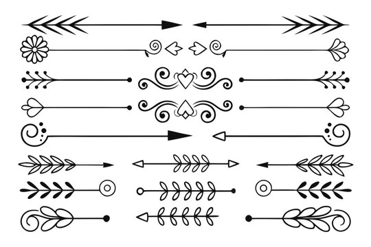 Decorative Divider Collection Featuring Arrows, Swirls, and Floral Ornaments in Elegant Hand-Drawn Black Vector. Vintage Style Line Art for Layouts and Posters.

