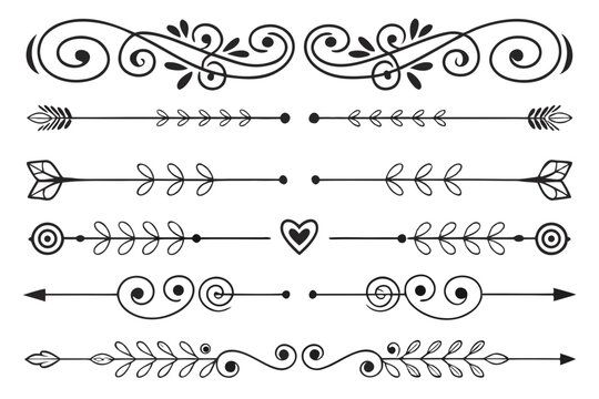 Elegant Hand-Drawn Decorative Borders with Arrows and Swirls in Black Vector Featuring Floral Accents. Vintage Line Dividers for Invitations and Layout Templates.

