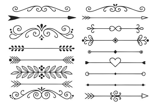 Hand-Drawn Arrow and Swirl Borders in Elegant Black Vector Featuring Floral Motifs and Curved Lines. Vintage Decorative Dividers for Invitations and Layout Templates.

