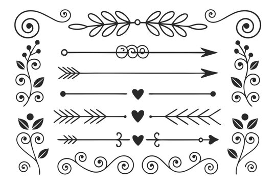 Elegant Hand-Drawn Divider Collection with Arrows, Curves, and Floral Accents in Black Vector. Vintage Line Art for Wedding Layouts and Graphic Design Projects.

