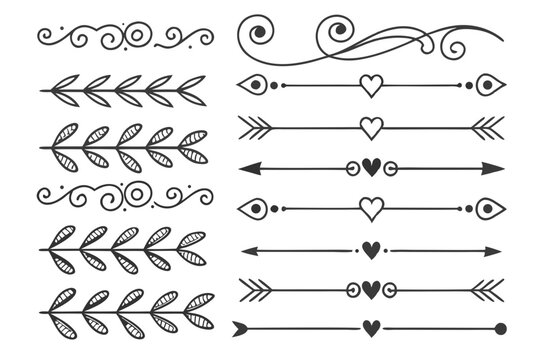 Elegant Black Vector Dividers with Hand-Drawn Floral Arrows, Swirls, and Curved Borders. Ornamental Line Art for Invitations, Layout Templates, and Poster Design.

