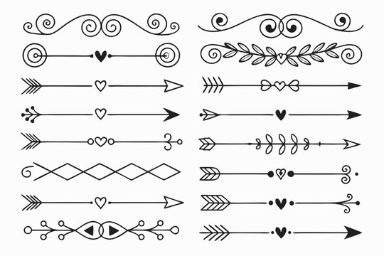 Hand-Drawn Elegant Dividers Featuring Arrows and Swirls in Black Vector with Floral Accents. Vintage Decorative Borders for Posters and Invitations.

