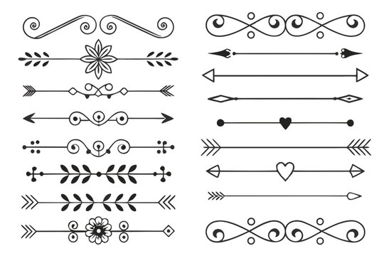 Elegant Ornamental Divider Set with Arrows, Swirls, and Floral Accents in Hand-Drawn Black Vector. Vintage Decorative Elements for Invitations and Layouts.

