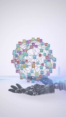 Aufkleber - Animation of network of media icons over hand of robot arm, with moving light on grey background